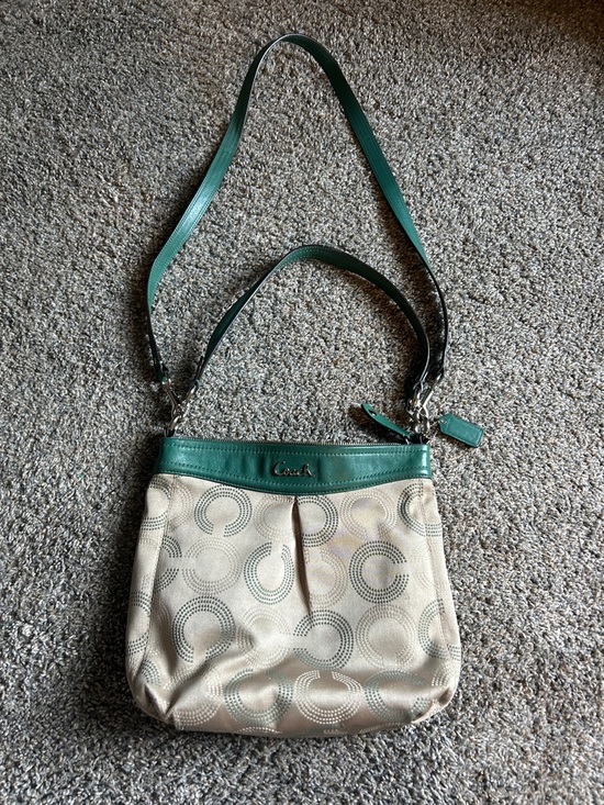 Coach Handbags - Coach Taupe Signature Crossbody with Green Leather Trim